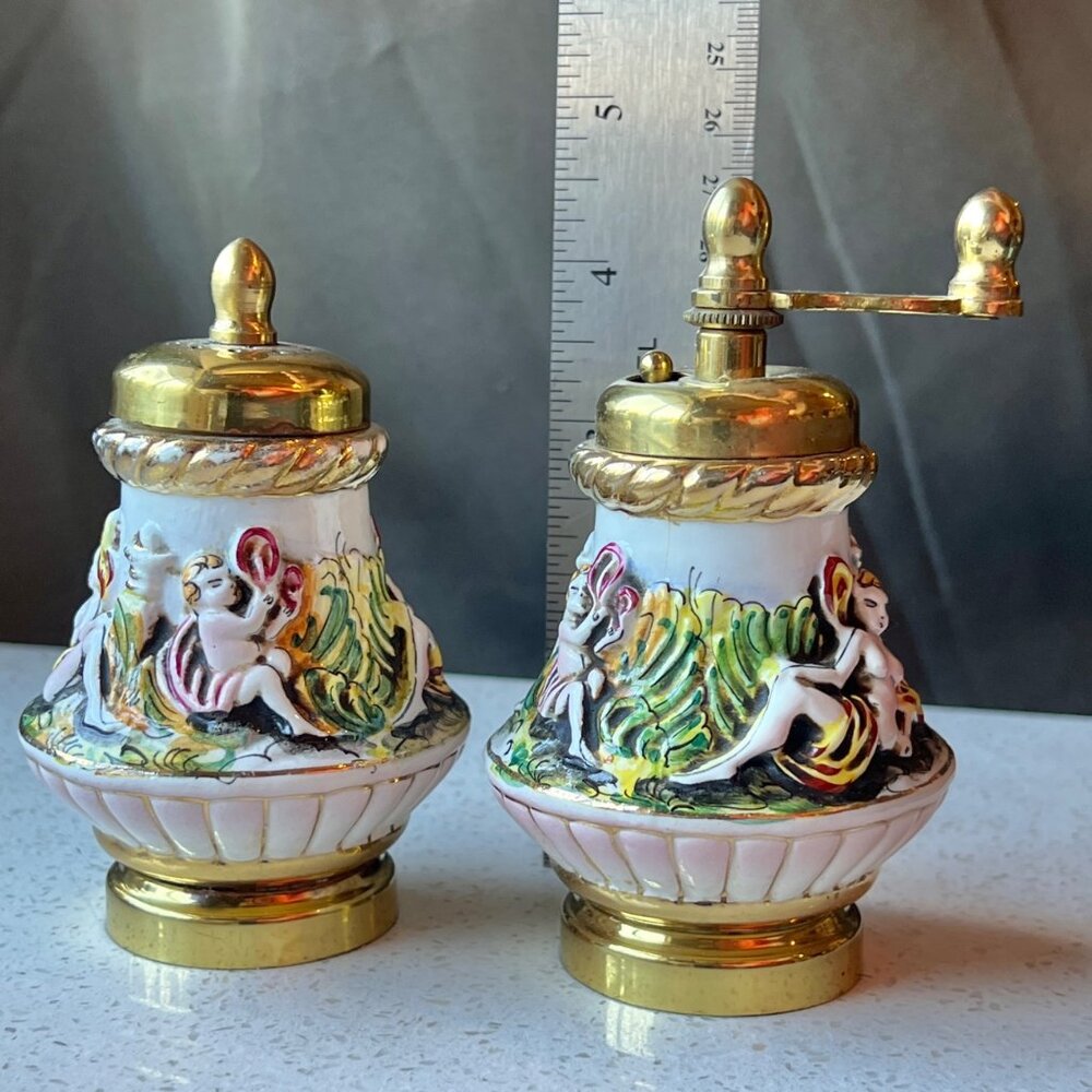 Capodimonte Ceramic & Brass Salt Shaker & Pepper Mill